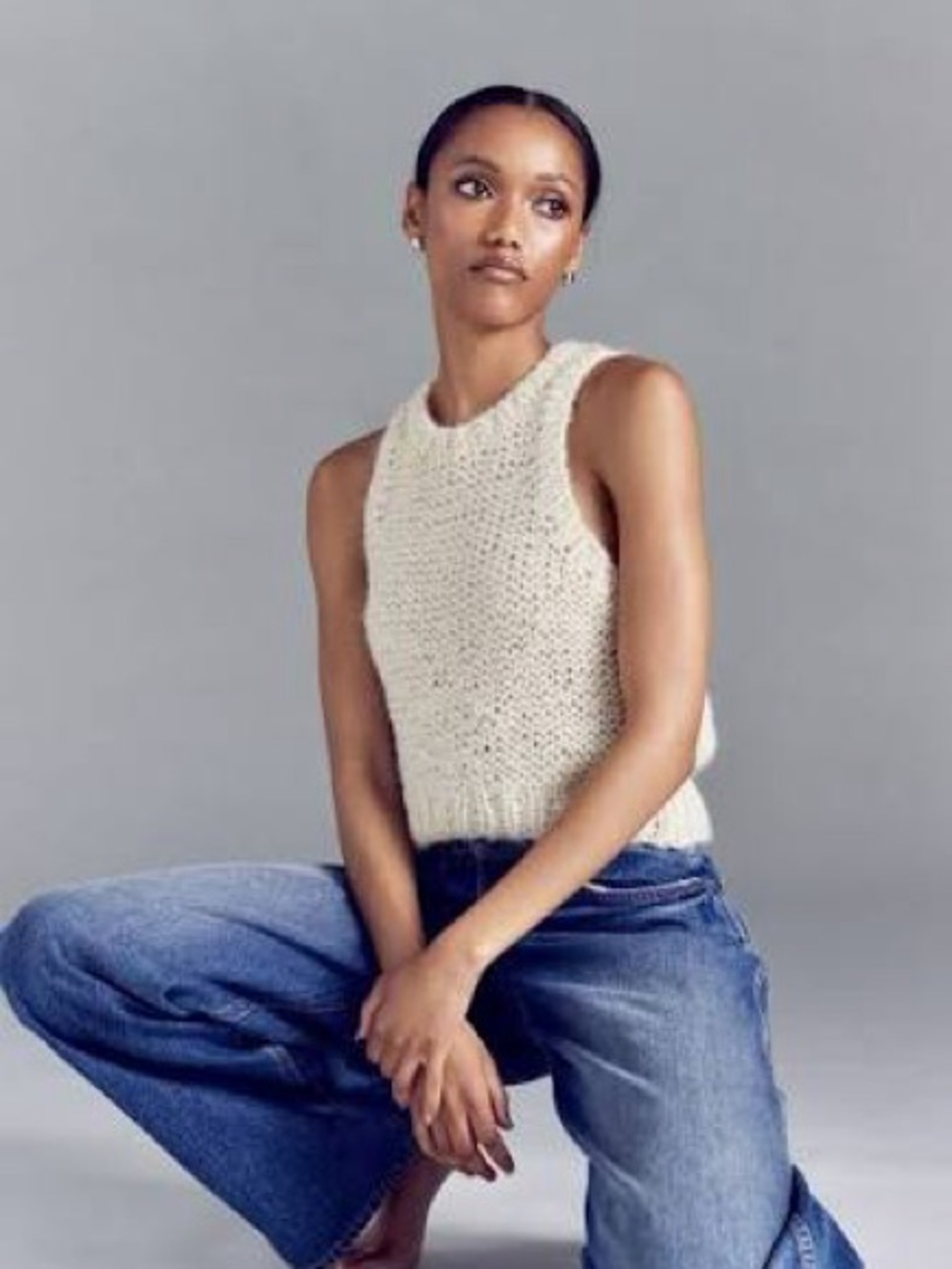 GRLFRND Open Stitch Chunky Knit Sleeveless Tank in Cream